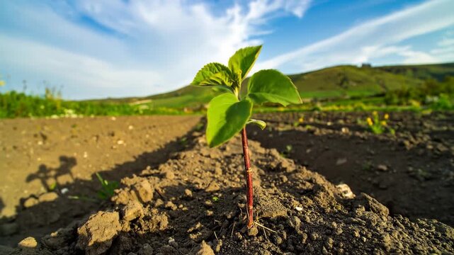 A young plant sprouts from the rich, dark soil, against a backdrop of rolling hills and sky