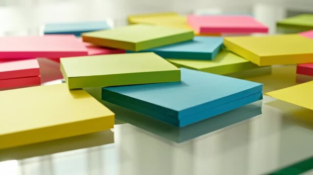 Colorful sticky notes are piling up on a glass surface, representing a chaotic workflow with numerous tasks, reminders, and deadlines in a stressful and busy office environment