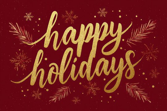 Golden glitter happy holidays script on a festive red background with winter decor - Powered by Adobe
