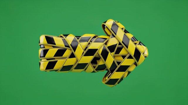 Three dimensional arrow shape constructed from yellow and black striped caution tape against a solid green screen background