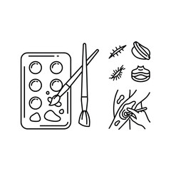 Collection of art supplies, organic shapes, and creative process line icons