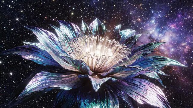 A celestial flower blooms amidst a starry galaxy, showcasing iridescent colors