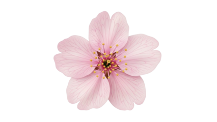 A single delicate pink cherry blossom flower in full bloom with yellow stamens isolated on a clean white background, symbolizing spring and beauty