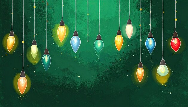 Artistic illustration of colorful hanging light bulbs glowing on a dark textured green background.
