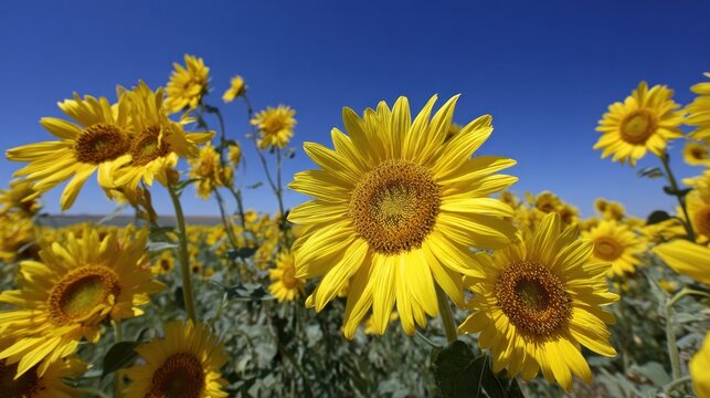 Field of blooming sunflowers under a bright blue sky