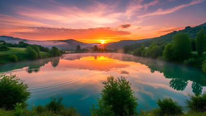 Golden Sunset Over Serene Lake With Glassy Reflections, Mountain Backdrop, and Lush Greenery