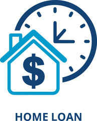 Credit and mortgage icon vector illustration showing a house outline with a dollar sign inside and a clock behind it in blue tones
