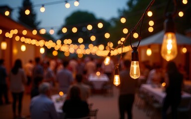 Smart LED strings illuminating a vibrant outdoor gathering, celebration vibe, cheerful atmosphere, dusky ambiance. High quality