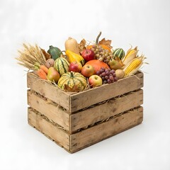 A rustic wooden crate overflowing with a colorful assortment of autumn harvest fruits, vegetables, and grains, including pumpkins, apples, corn, and squash.