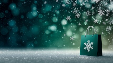 Christmas Shopping Bag with Snowflake Design on Glittering Snow Background, Festive Winter Holiday Sale and Gift Concept with Bokeh Lights and Elegant Seasonal Atmosphere