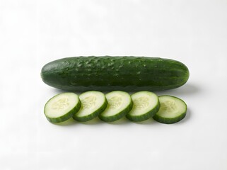 Whole cucumber with a row of sliced cucumber pieces on a clean white surface, showcasing the fresh green vegetable.