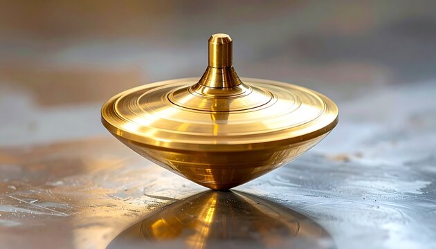Golden spinning top on a reflective surface, close-up shot.