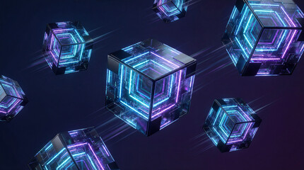 Glowing Futuristic Cubes Forming a Digital Network System