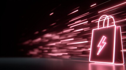 Neon Shopping Bag with Lightning Bolt Symbol on Dark Motion Background, Flash Sale and E-Commerce Promotion Concept with Futuristic Retail Energy and Digital Marketing Aesthetic
