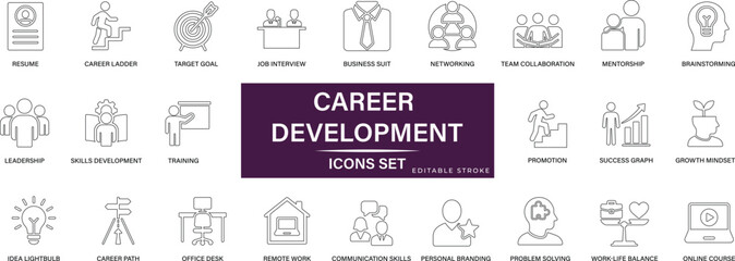 Career development icon set featuring business skill growth, training, brainstorm, success, certificate, mentor, goal, promotion, planning, and professional improvement vector symbols.