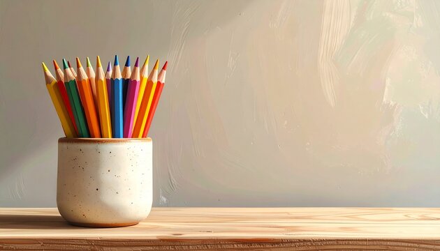 Vibrant colored pencils in wooden holder on sunlit surface evoking creativity, warmth, and artistic organization