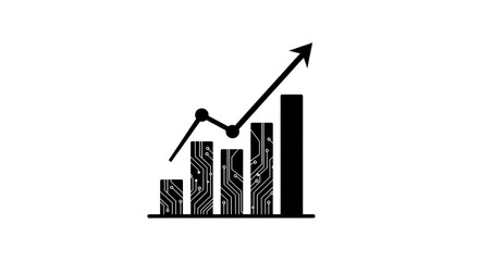 Black and white graph with circuit board pattern showing growth with an arrow pointing upwards silhouette