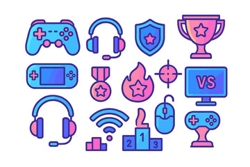 Fototapeta premium Colorful gaming icons represent competitive play and technology in a modern design setting