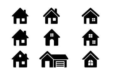 Various house icons in black representing different home designs and styles in a simple layout