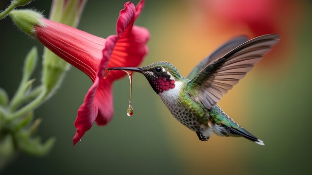 Hummingbird feeding on a vibrant red tubular flower with nectar drop