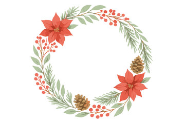 Decorative holiday wreath featuring poinsettias, pinecones, and greenery, ideal for seasonal celebrations and festive decorations