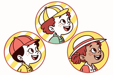 Happy kids avatars. Cute children smiling, boy girl in rounds vector set. Illustration girl and boy avatar, happy kids, child happiness