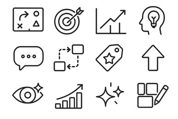 Marketing Icons Set. Marketing & Growth Collection linear icon set: strategy map, target hit, data graph, customer insight, messaging icon, campaign flow, branded tag, opportunity