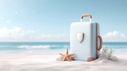 Travel Suitcase with Safety Shield Emblem on Sandy Beach by Ocean, Summer Vacation Protection and Travel Insurance Concept with Minimal Coastal Design
