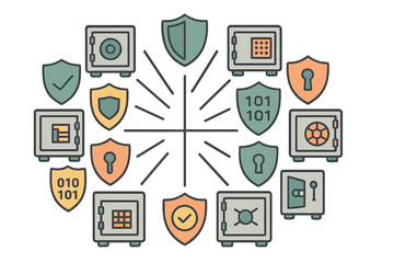 Safe design elements featuring locks, shields, and vaults in a modern graphic style illustrating security themes