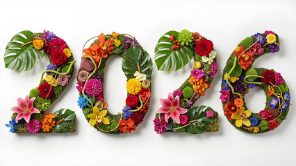Nature-inspired 2026 made of blooming flowers and greenery.