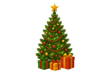 Brightly decorated Christmas tree with colorful ornaments and presents underneath for the festive season