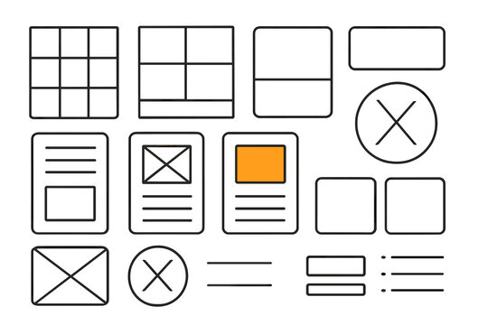 Various UI design elements and layouts displayed on a white background showcasing different formats for digital content arrangements