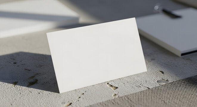 A blank white business card mockup rests on a textured concrete surface, creating a modern and professional branding presentation with natural sunlight and shadow