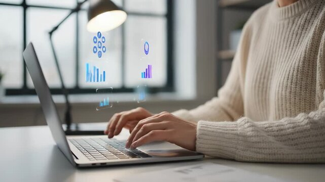 Professional businesswoman working on a laptop, analyzing data on a futuristic holographic interface with charts and social media icons, showing business growth and a successful checkmark - Powered by Adobe