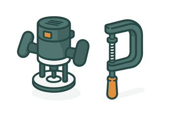 Tools for woodworking projects include a router and a clamp for secure fastening and shaping of materials