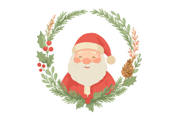 Santa Claus surrounded by a festive wreath of holly and pine, perfect for holiday decorations