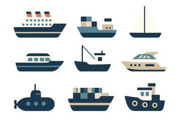 Various types of boats and ships in a simple, colorful design suitable for educational purposes
