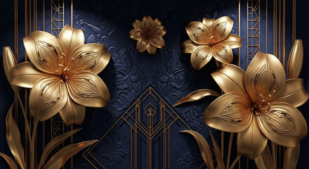 Luxurious golden lilies arranged on deep navy textured background in ornamental art deco style for home interior, digital printing, 3d mural wallpaper, frame canvas prints