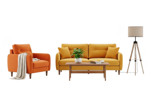 Living room furniture arrangement isolated on transparent background