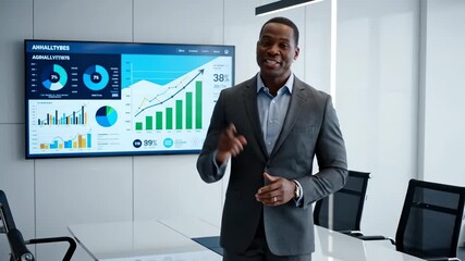 African american male business owner presenting a project in a modern conference room, pointing at a screen showing financial performance charts, bar graphs, and company growth infographics - Powered by Adobe