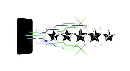 Black phone emitting blue and green lines leading to five black stars on a white background silhouette
