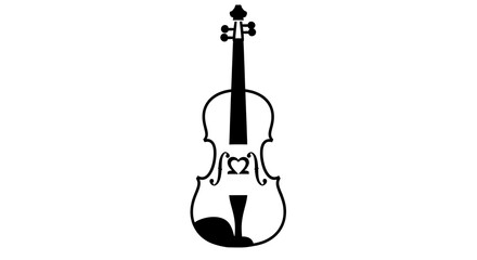A black and white illustration of a violin with a heart shaped f hole and tuning pegs at the top silhouette