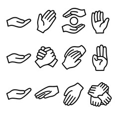 Obraz premium Supportive Hand Gestures. Hands Symbol Pack linear icon set: supportive palm, caring hands, holding circle, protective gesture, offering hand, link hands, comfort touch, raised