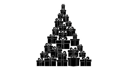 A christmas tree made of black gift boxes with bows stacked on top of each other on a white background silhouette