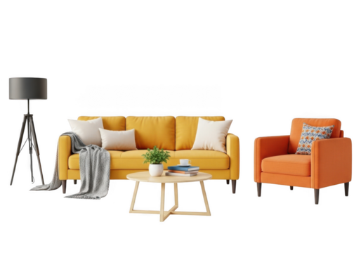 Living room arrangement with sofa isolated on transparent background