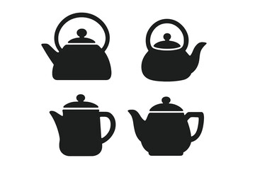 Various styles of teapots in black silhouette on a white background showcasing different shapes and designs