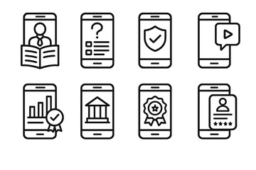Corporate Learning Icons. Corporate Mobile Learning linear icon set: employee training app, skill assessment quiz, compliance tracker badge, onboarding video icon, certification