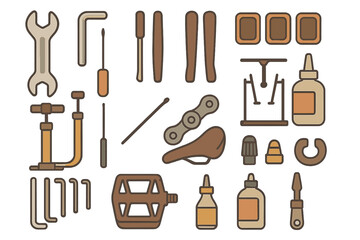 Collection of bicycle repair tools displayed on a flat surface