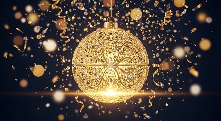 Luxurious Golden Christmas Ornament Adorned with Glitter and Confetti Falling in Dramatic Lighting Suitable for Holiday Celebrations