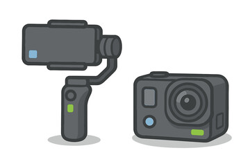 Essential equipment for content creators including a stabilizer and an action camera for capturing dynamic moments